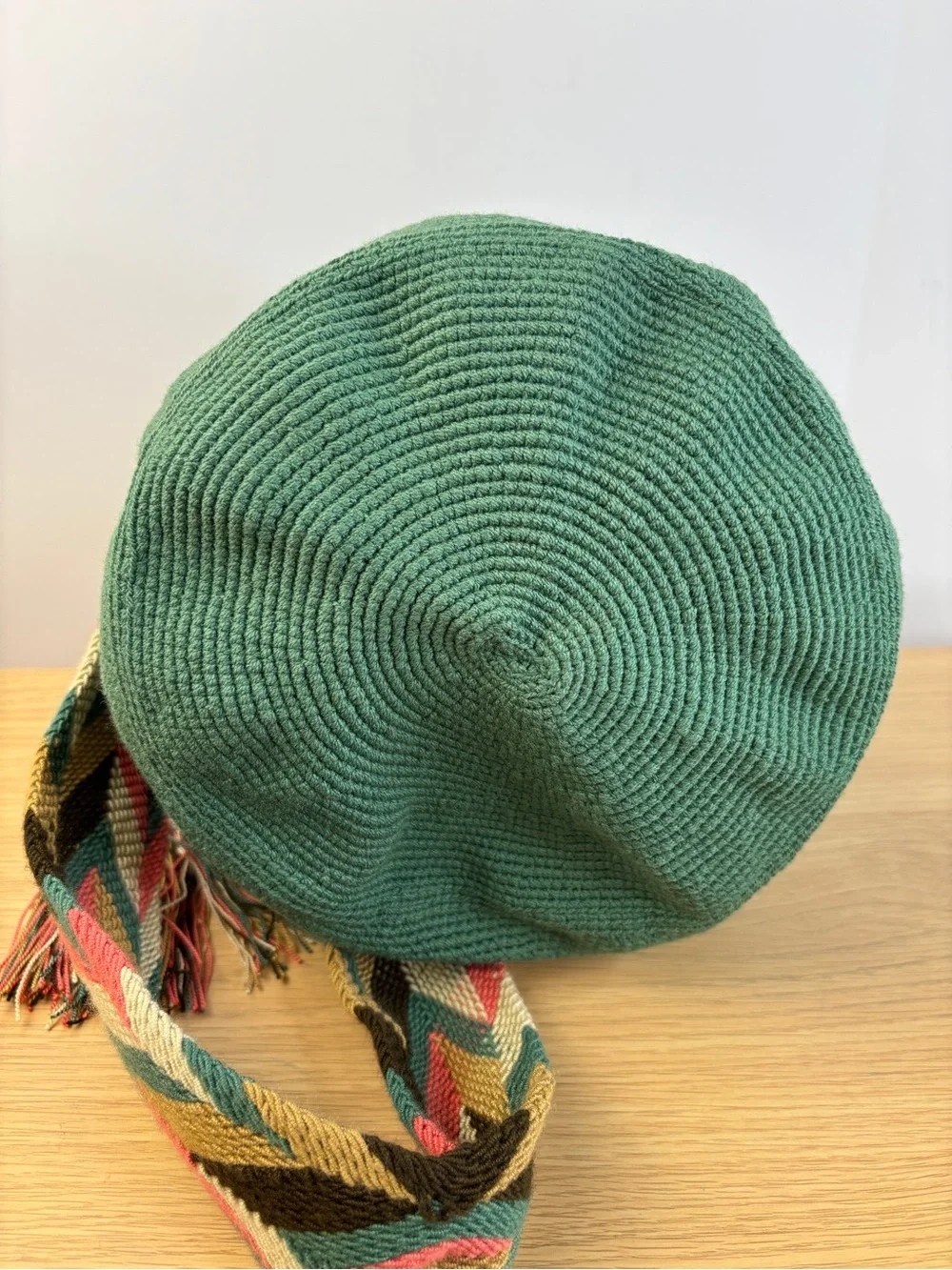 Wayuu Mochila Green Woven‎ Bucket Bag with Multicolor Strap & Tassels